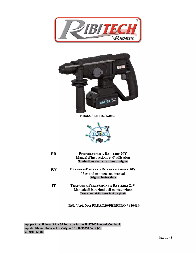 Page 1 de la notice Manuel utilisateur Ribimex PRBAT20/PERFPRO