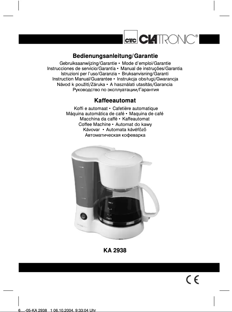 Page 1 de la notice Manuel utilisateur Clatronic KA 2938