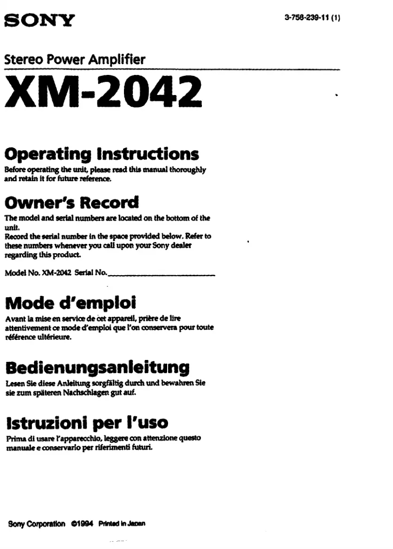 Page n°1 - Manuel utilisateur Sony XM-2042