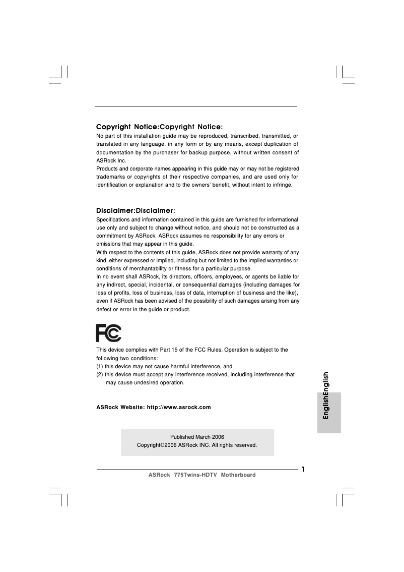 Page n°1 - Manuel utilisateur Asrock 775Twins-HDTV R2.0