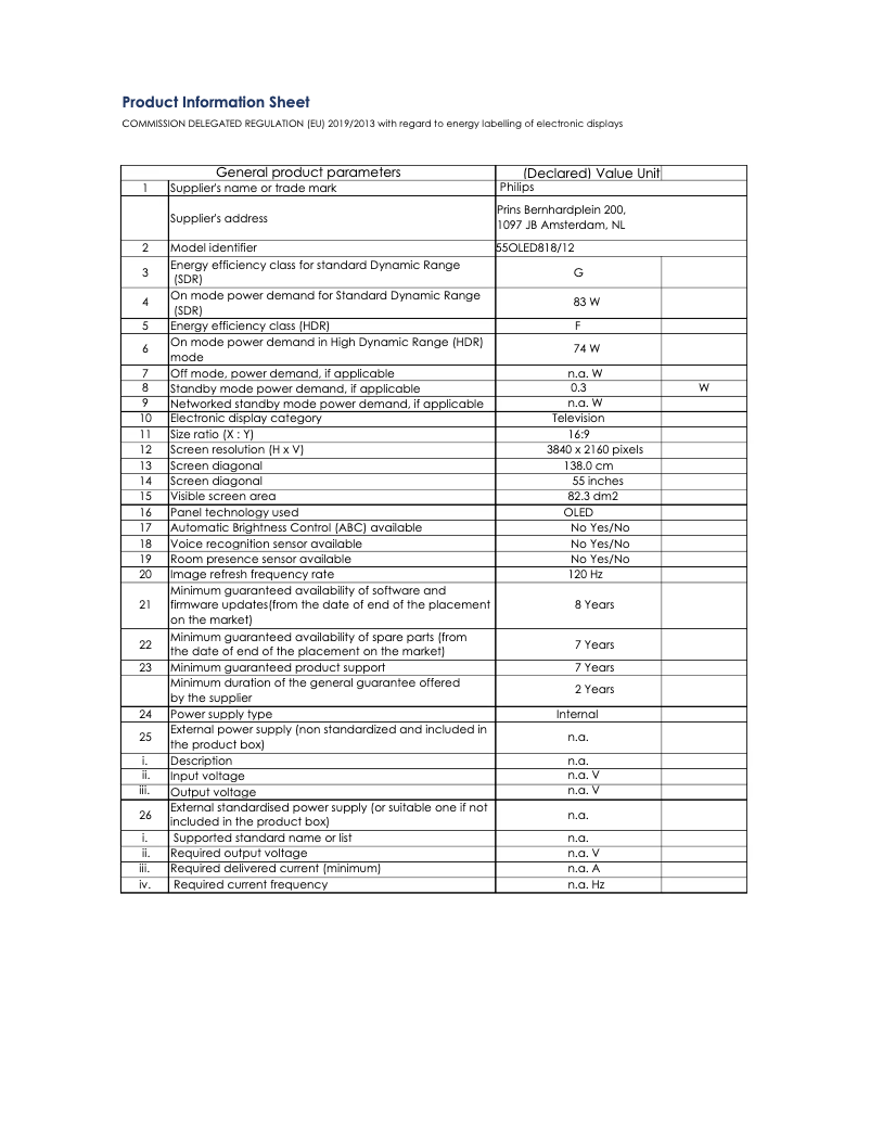 Page 1 of the manual Technical Sheet Philips 55OLED818