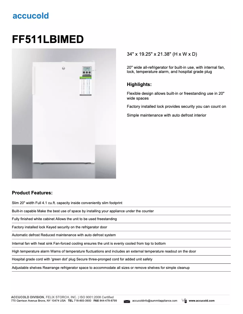 Page n°1 - Fiche technique Summit Accucold FF511LBIMED