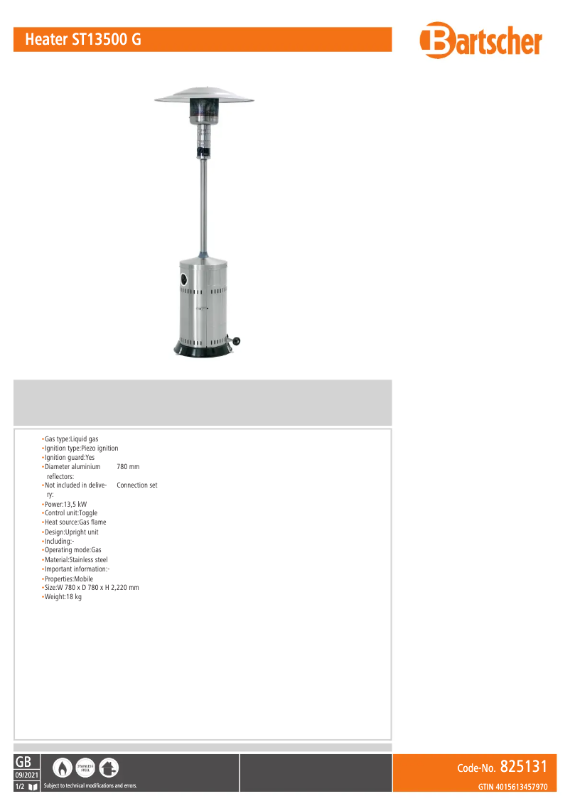 Page 1 de la notice Fiche technique Bartscher 825131