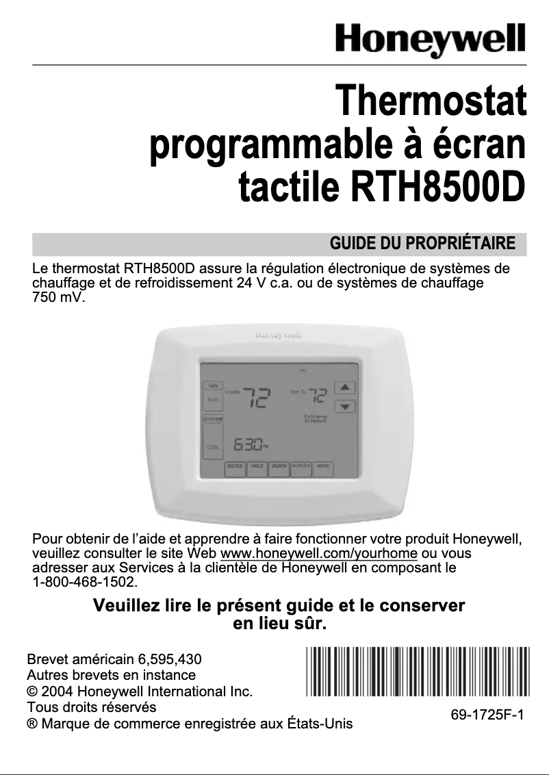 Page n°1 - Manuel utilisateur Honeywell RTH8500D