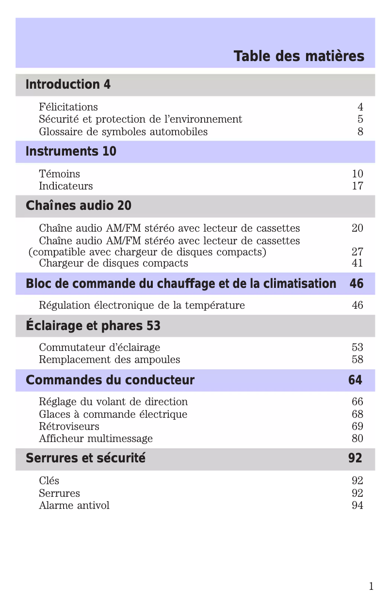 Image de la première page du manuel de l'appareil Town Car (2002)