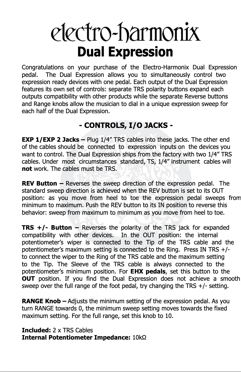 Page 1 de la notice Manuel utilisateur Electro Harmonix Dual Expression