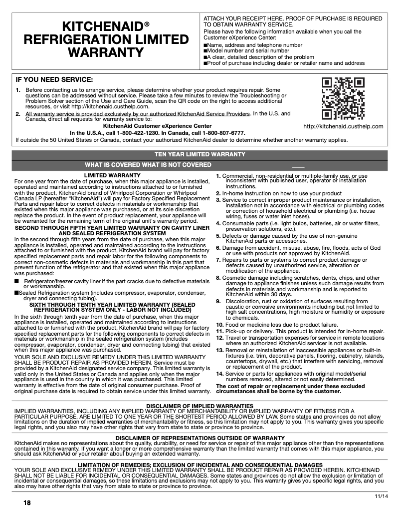 Page 1 de la notice Informations de garantie KitchenAid KRFF305EBL