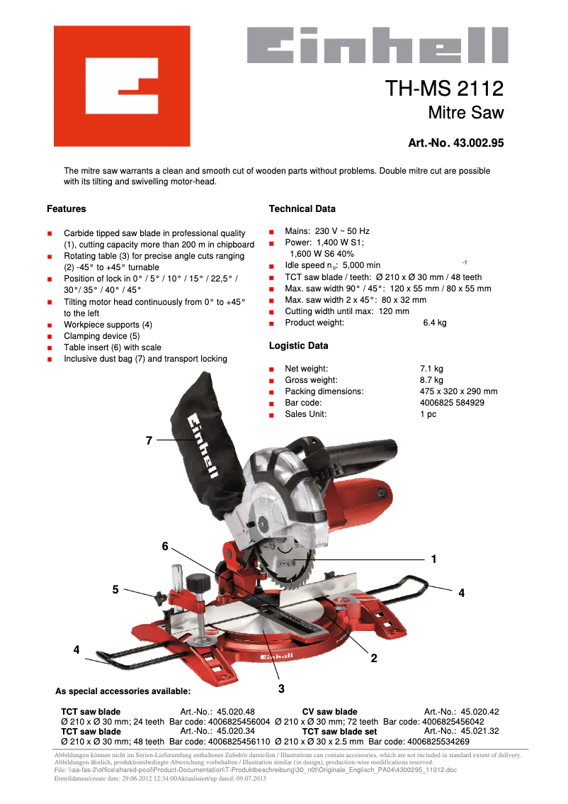 Page 1 de la notice Fiche technique Einhell TH-MS 2112