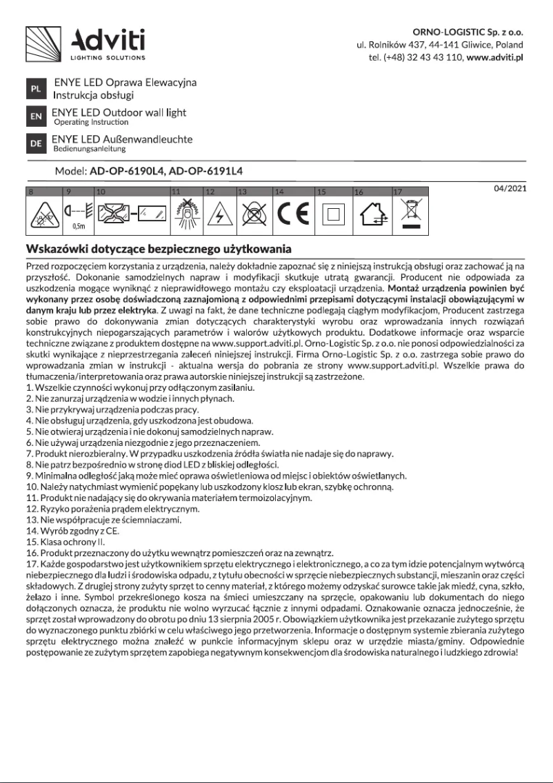 Page n°1 - Manuel utilisateur Adviti AD-OP-6191L4