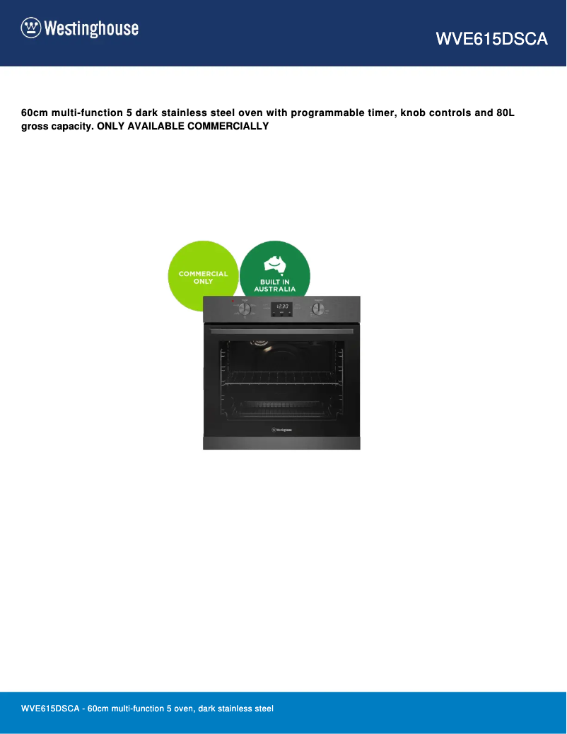 Page 1 de la notice Fiche technique Westinghouse WVE615DSCA
