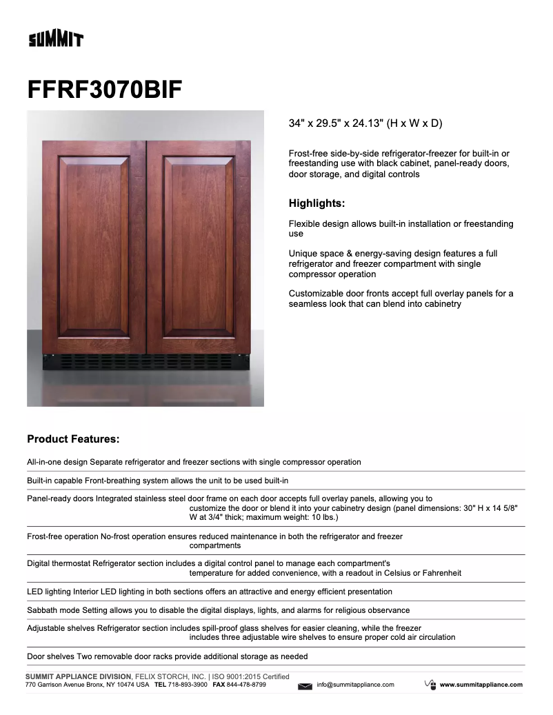 Page 1 de la notice Fiche technique Summit FFRF3070