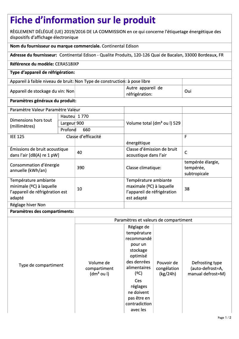 Page 1 de la notice Manuel utilisateur Continental Edison CERA518IXP