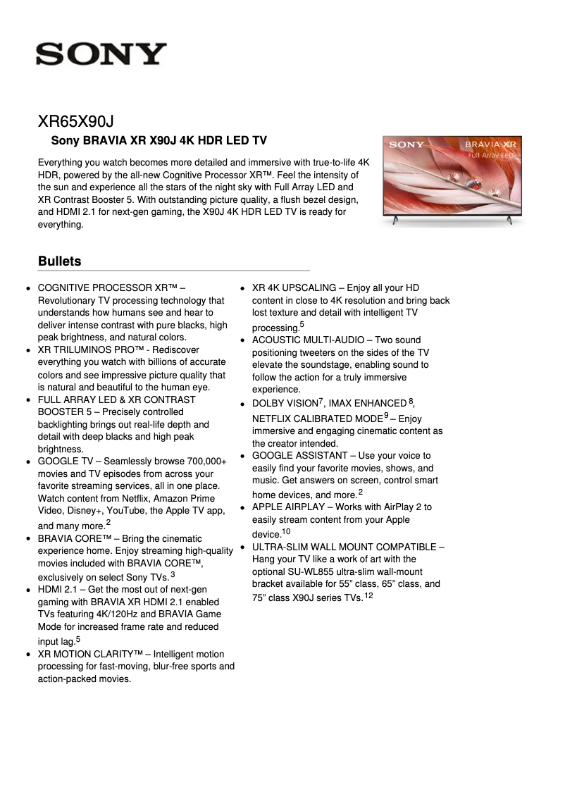 Page 1 de la notice Fiche technique Sony Bravia XR-65X90J