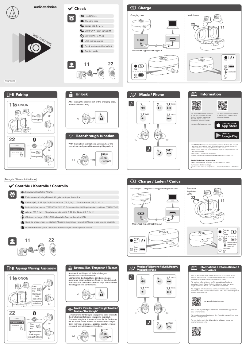 Page 1 de la notice Guide de démarrage rapide Audio-Technica ATH-SPORT7TW