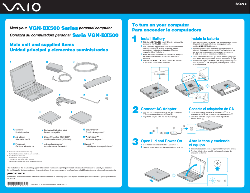 Image de la première page du manuel de l'appareil Vaio VGN-BX560