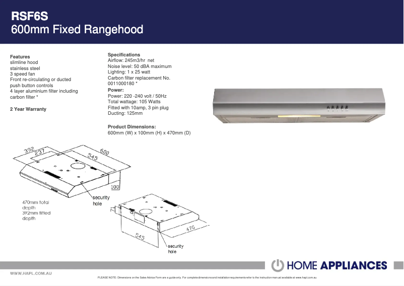 Page 1 de la notice Fiche technique ARC RSF6S