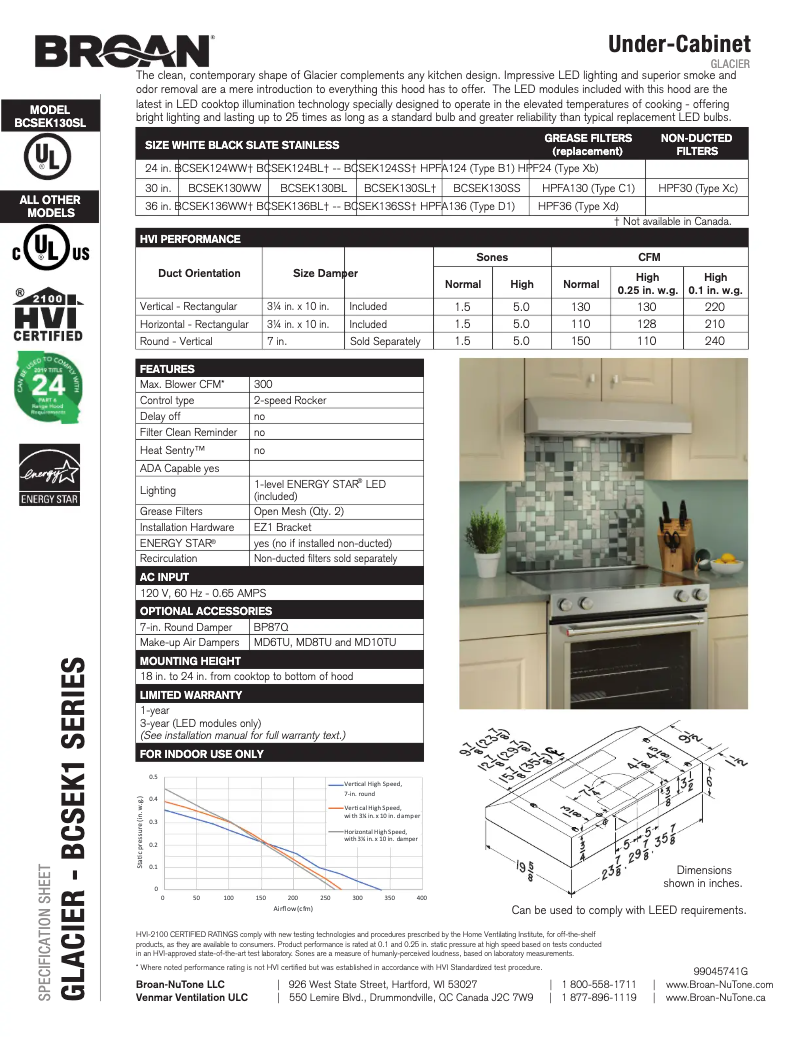 Page n°1 - Fiche technique Broan BCSEK124WW