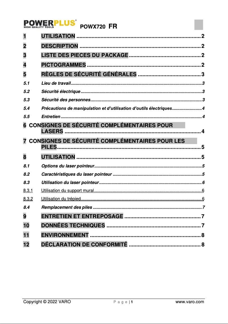 Page n°1 - Manuel utilisateur PowerPlus POWX720