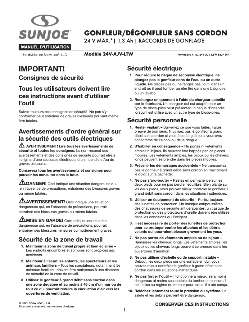 Page 1 de la notice Manuel utilisateur Sun Joe 24V-AJV-LTW