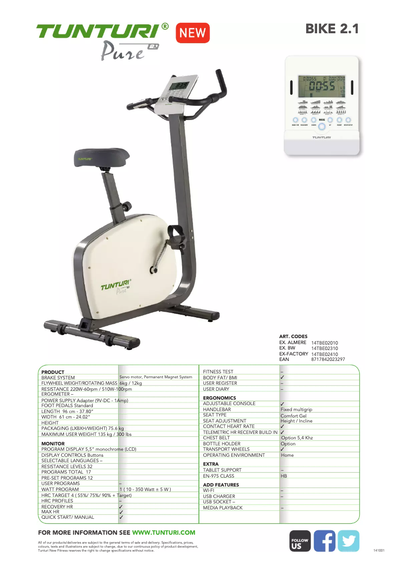 Page n°1 - Manuel utilisateur Tunturi Pure Bike 2.1