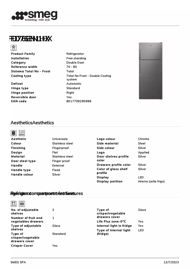 Page 1 de la notice Fiche technique Smeg FD76EN1HX