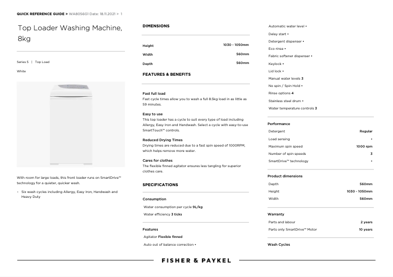 Page 1 of the manual User Manual Fisher & Paykel WA8056G1