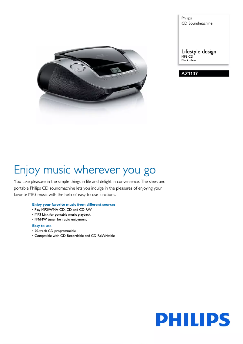 Page 1 de la notice Brochure Philips AZ1137