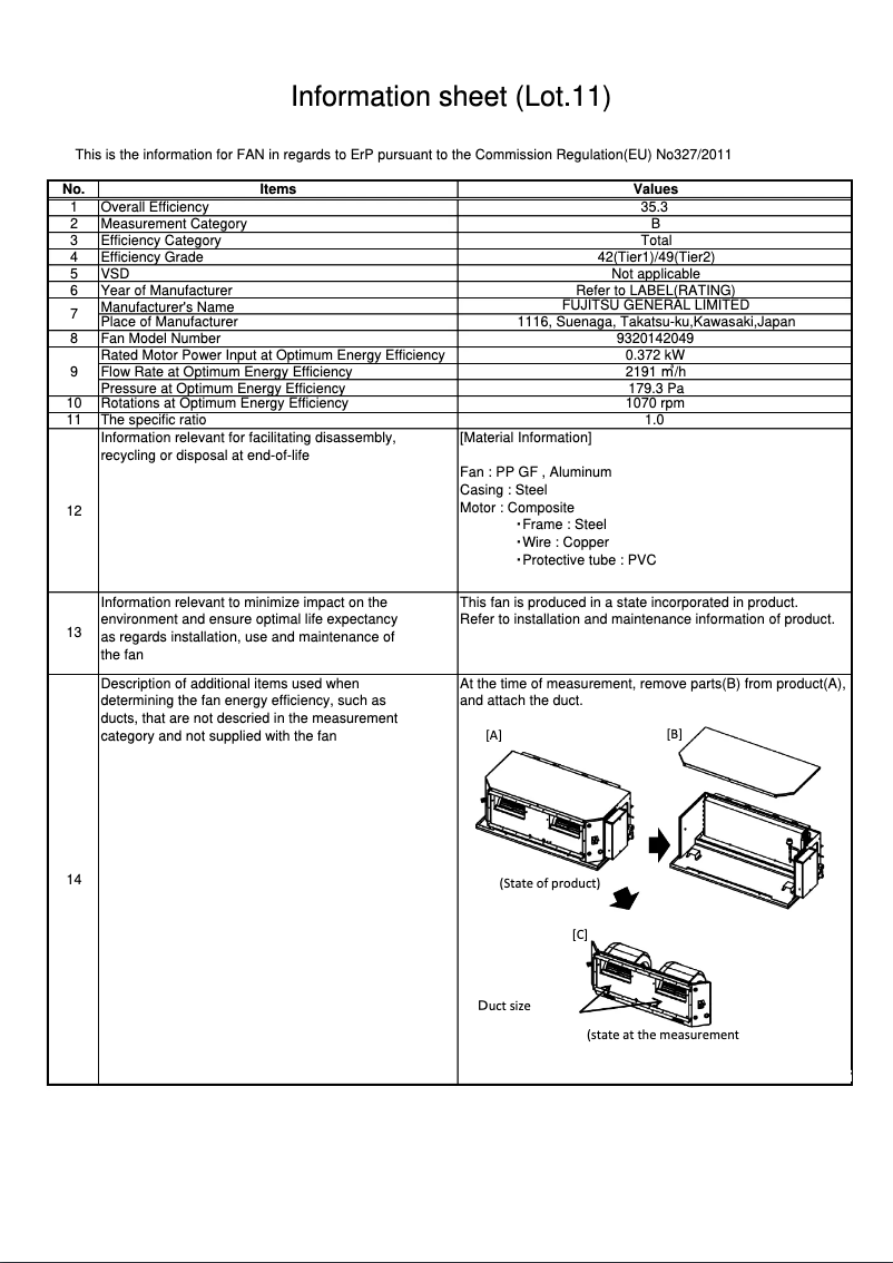 Page 1 de la notice Fiche technique Fujitsu AIRSTAGE ARXC36GATH