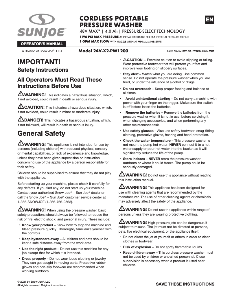 Page 1 de la notice Manuel utilisateur Sun Joe 24V-X2-PW1200