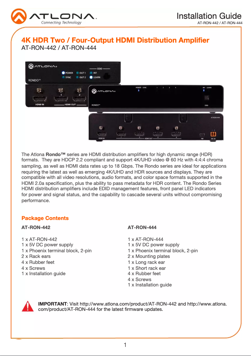 Page n°1 - Manuel utilisateur Atlona AT-RON-444