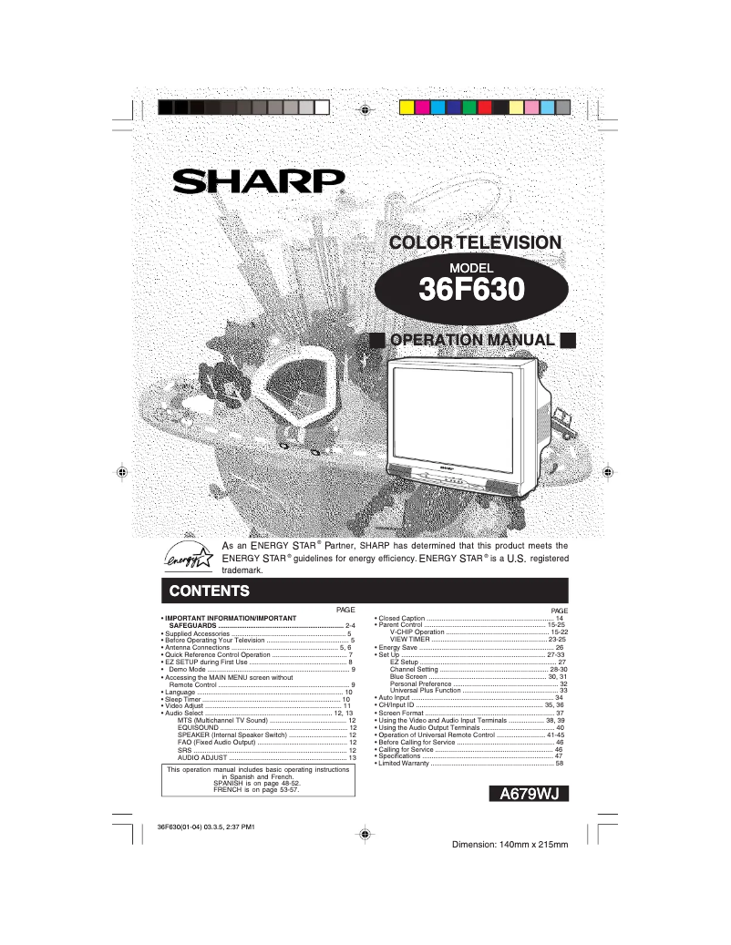 Page 1 de la notice Manuel utilisateur Sharp 36F630