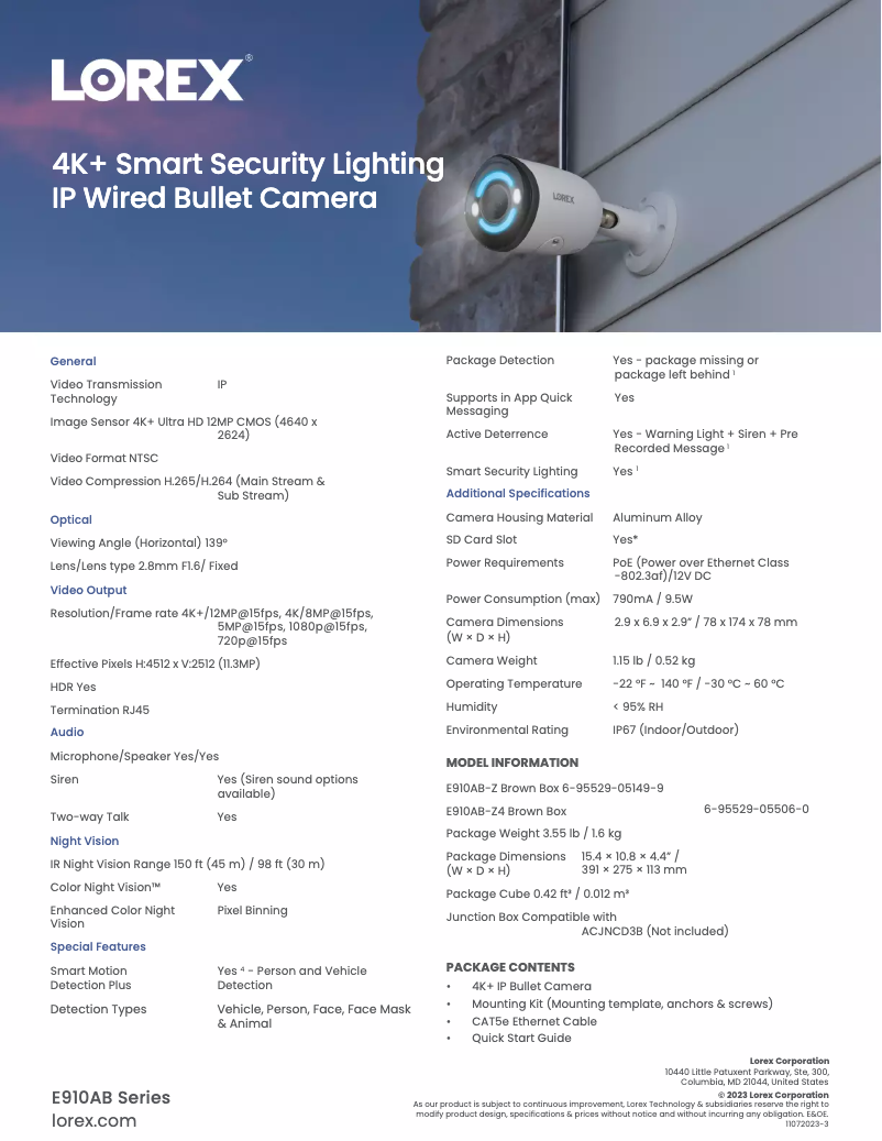 Page n°1 - Fiche technique Lorex E910AB
