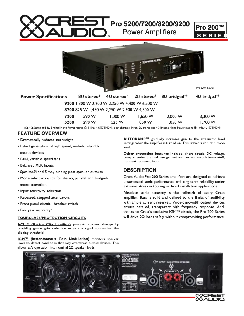Page 1 de la notice Fiche technique Crest Audio Pro 8200