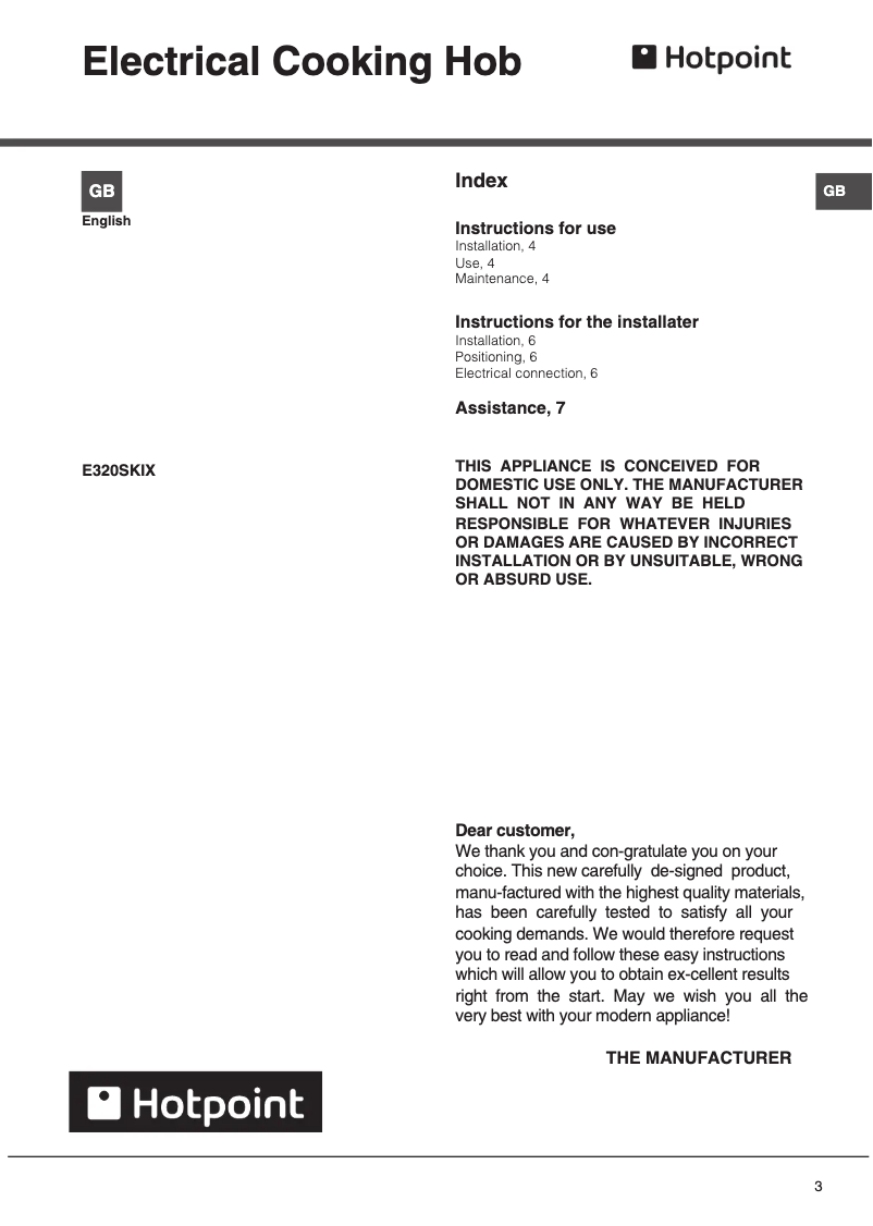 Page n°1 - Manuel utilisateur Hotpoint E320SKIX