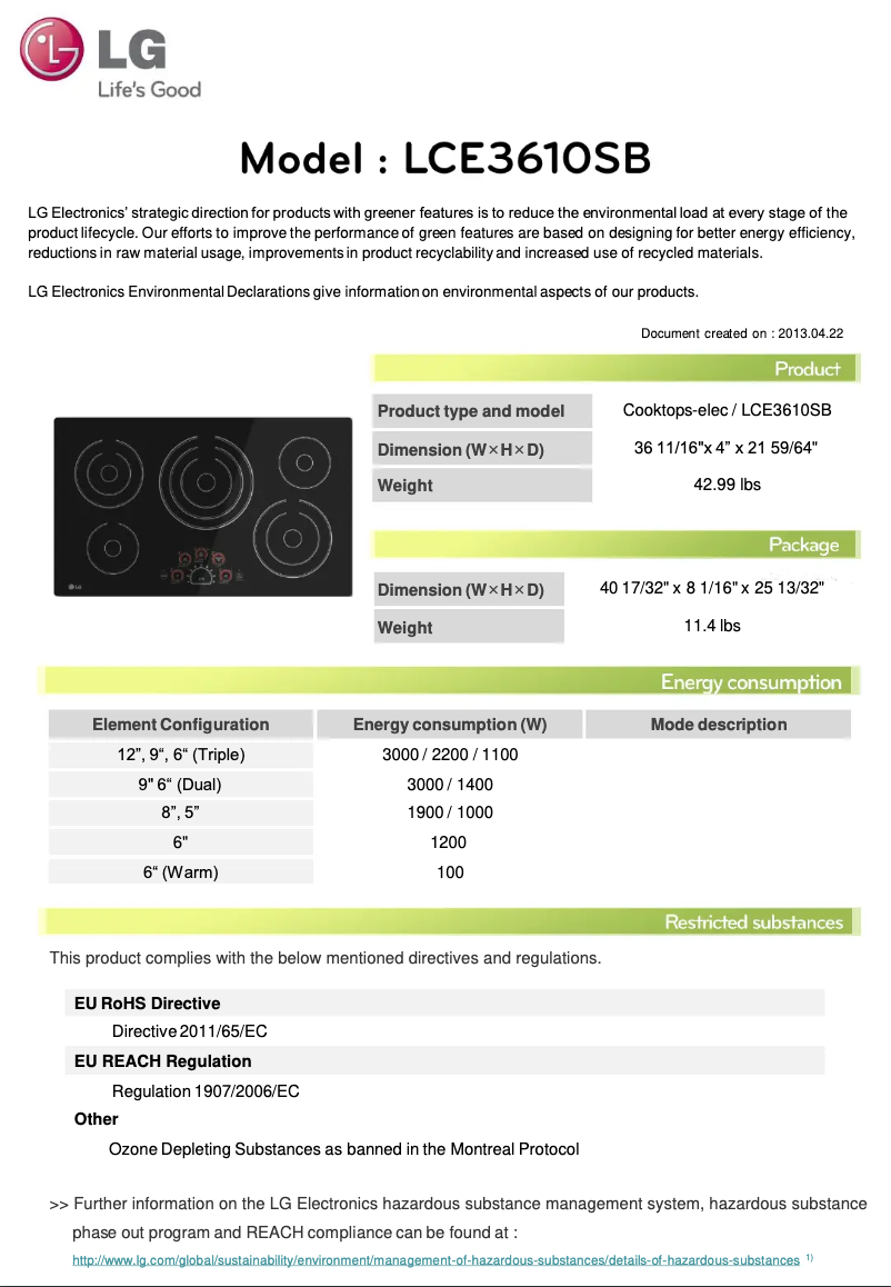 Página 1 del manual Ficha técnica LG LCE3610SB