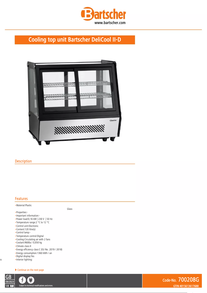 Page 1 de la notice Fiche technique Bartscher DeliCool II-D 700208G