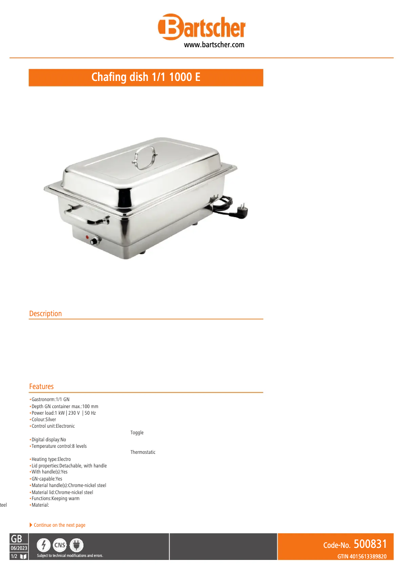Page 1 de la notice Fiche technique Bartscher 500831