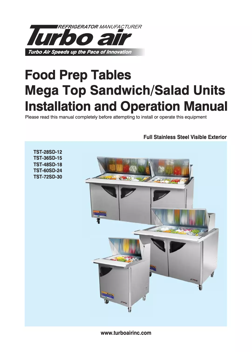 Page 1 de la notice Manuel d'utilisation et d'entretien Turbo air TST-28SD-12
