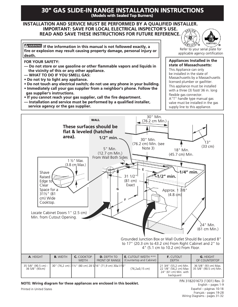 Page 1 de la notice Guide d'installation Frigidaire FGS366EB