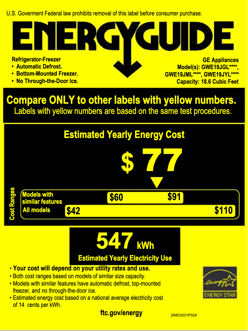 Page 1 de la notice Label énergétique GE GWE19JGLWW