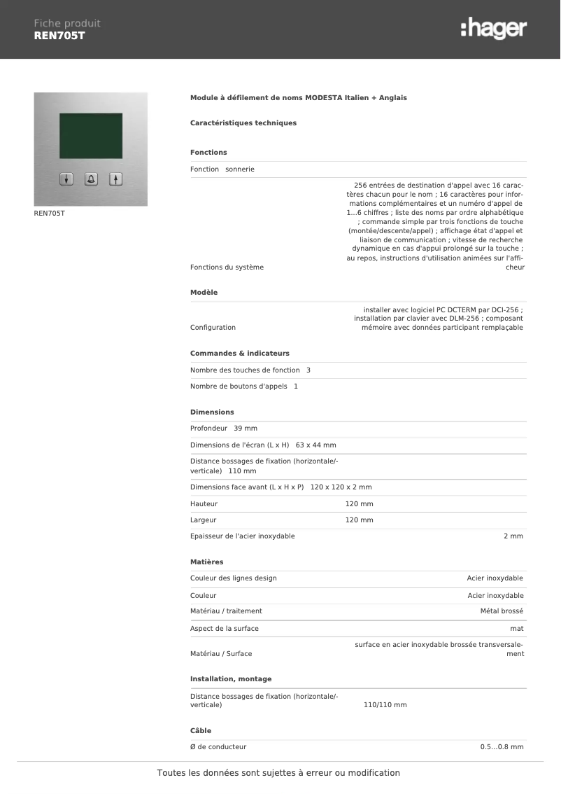 Page n°1 - Fiche technique Hager REN705T