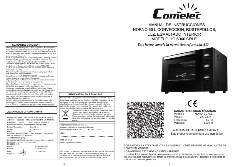 Page 1 de la notice Manuel utilisateur Comelec HO 6040 CRLE