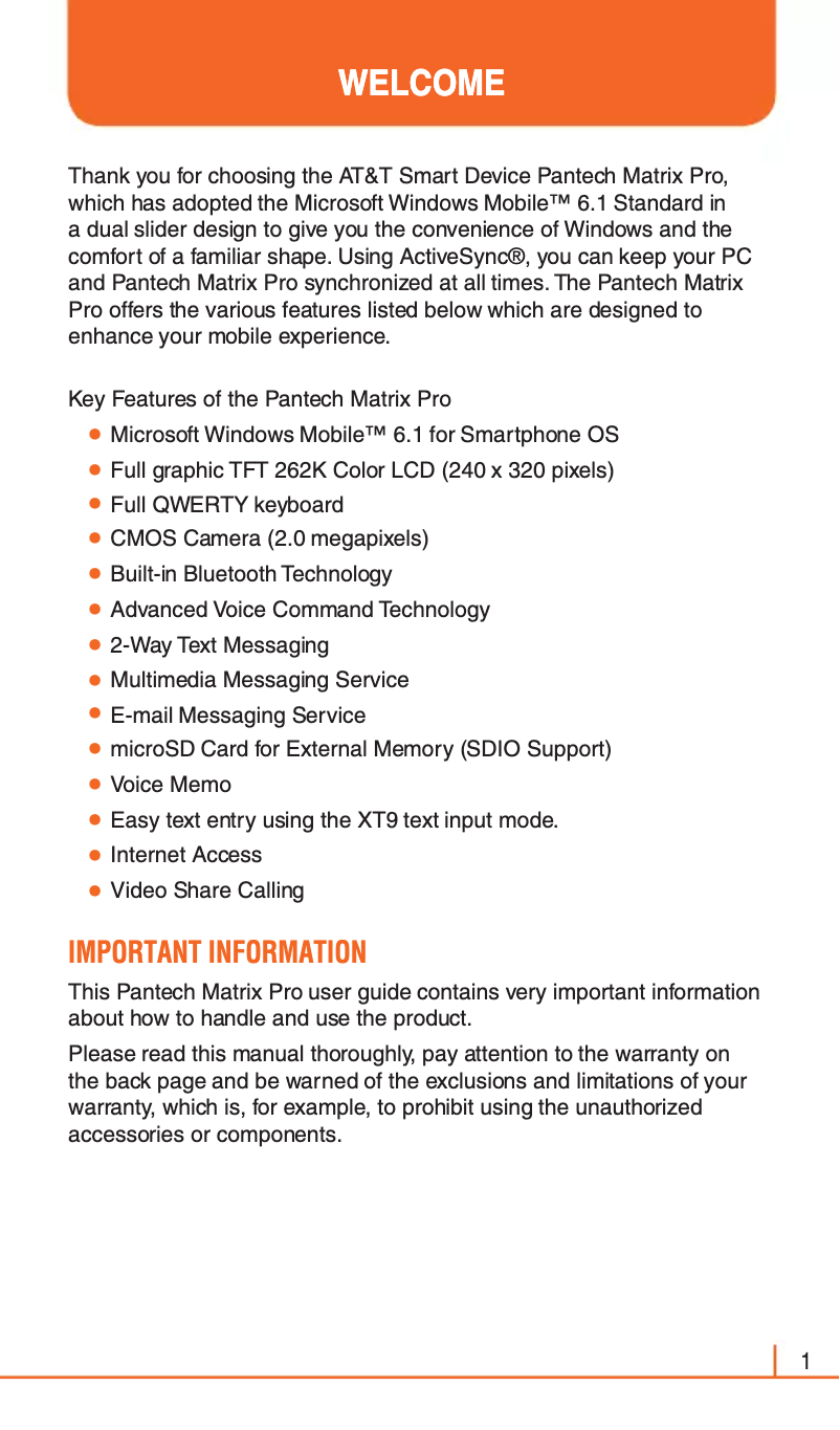 Page n°1 - Manuel utilisateur Pantech Matrix Pro