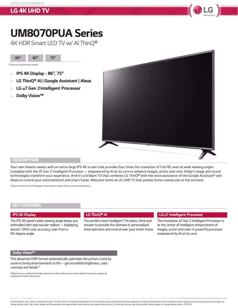 Page 1 de la notice Manuel utilisateur LG UM8070PUA