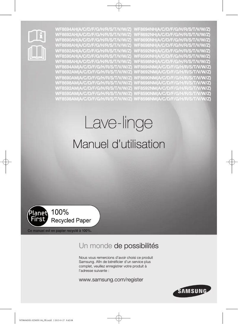 Page 1 de la notice Manuel utilisateur Samsung WF8590NHW