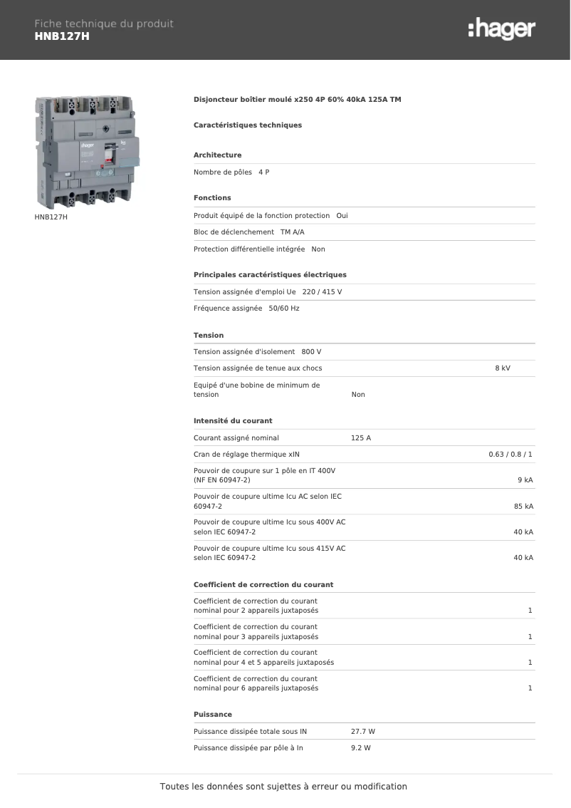 Page 1 de la notice Fiche technique Hager HNB127H