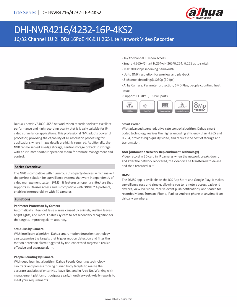 Page 1 de la notice Fiche technique Dahua Technology NVR4216-16P-4KS2