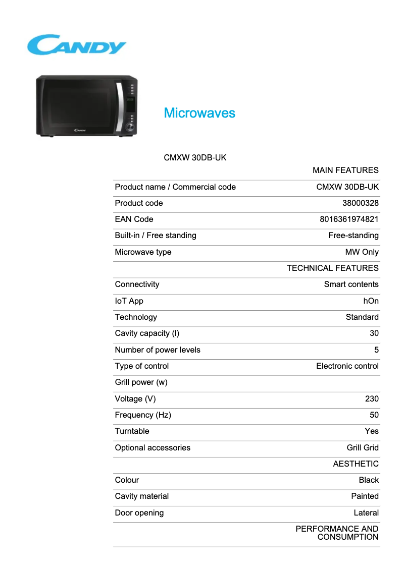 Page 1 de la notice Fiche technique Candy CMXW 30DB-UK