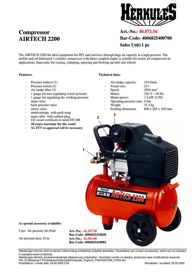 Page 1 de la notice Fiche technique Herkules Airtech 2200