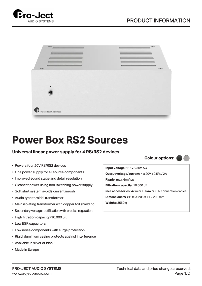 Page 1 de la notice Fiche technique Pro-Ject Power Box RS2 Sources